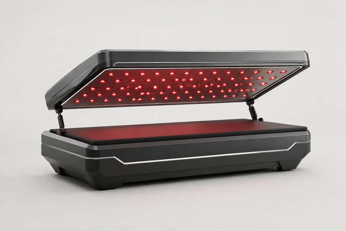 Original concept rendering of an empty full-body LED bed with a raised canopy
