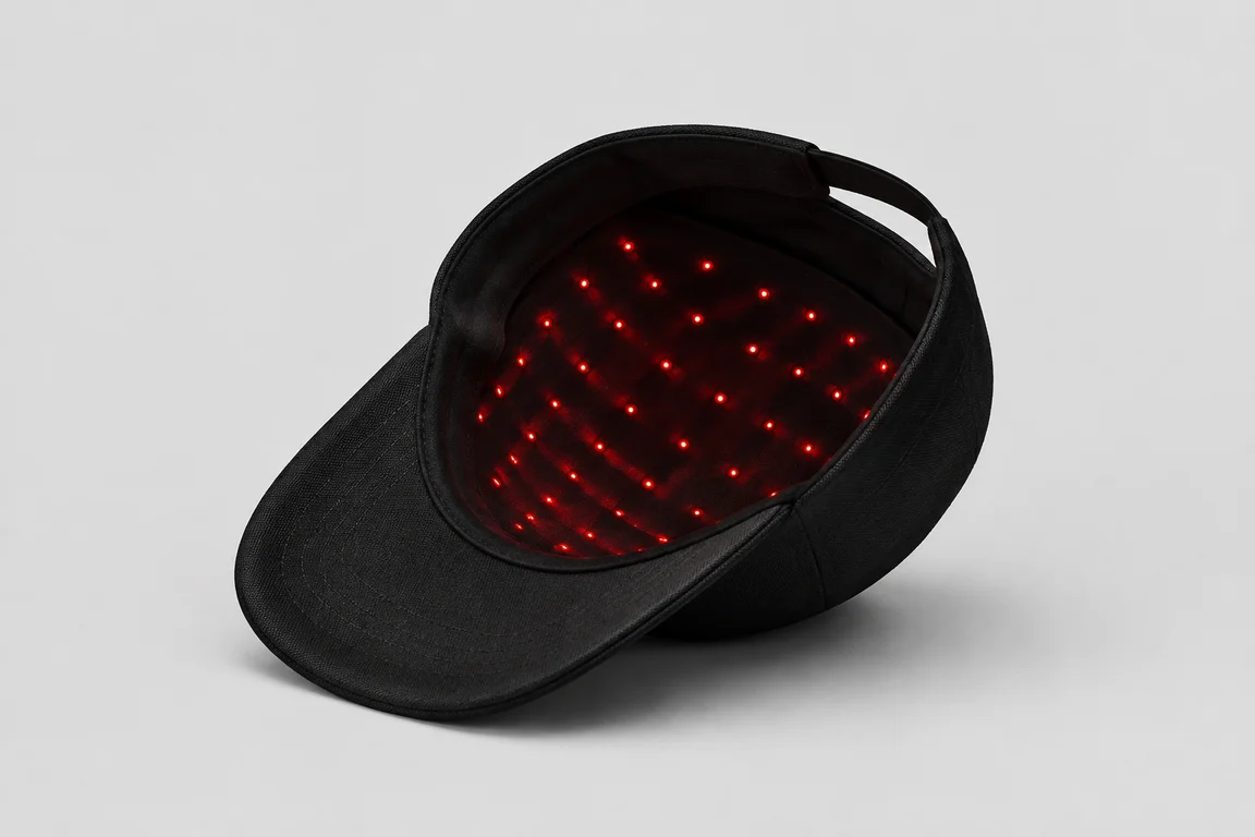 Original concept rendering of a black cap with an LED-lined interior