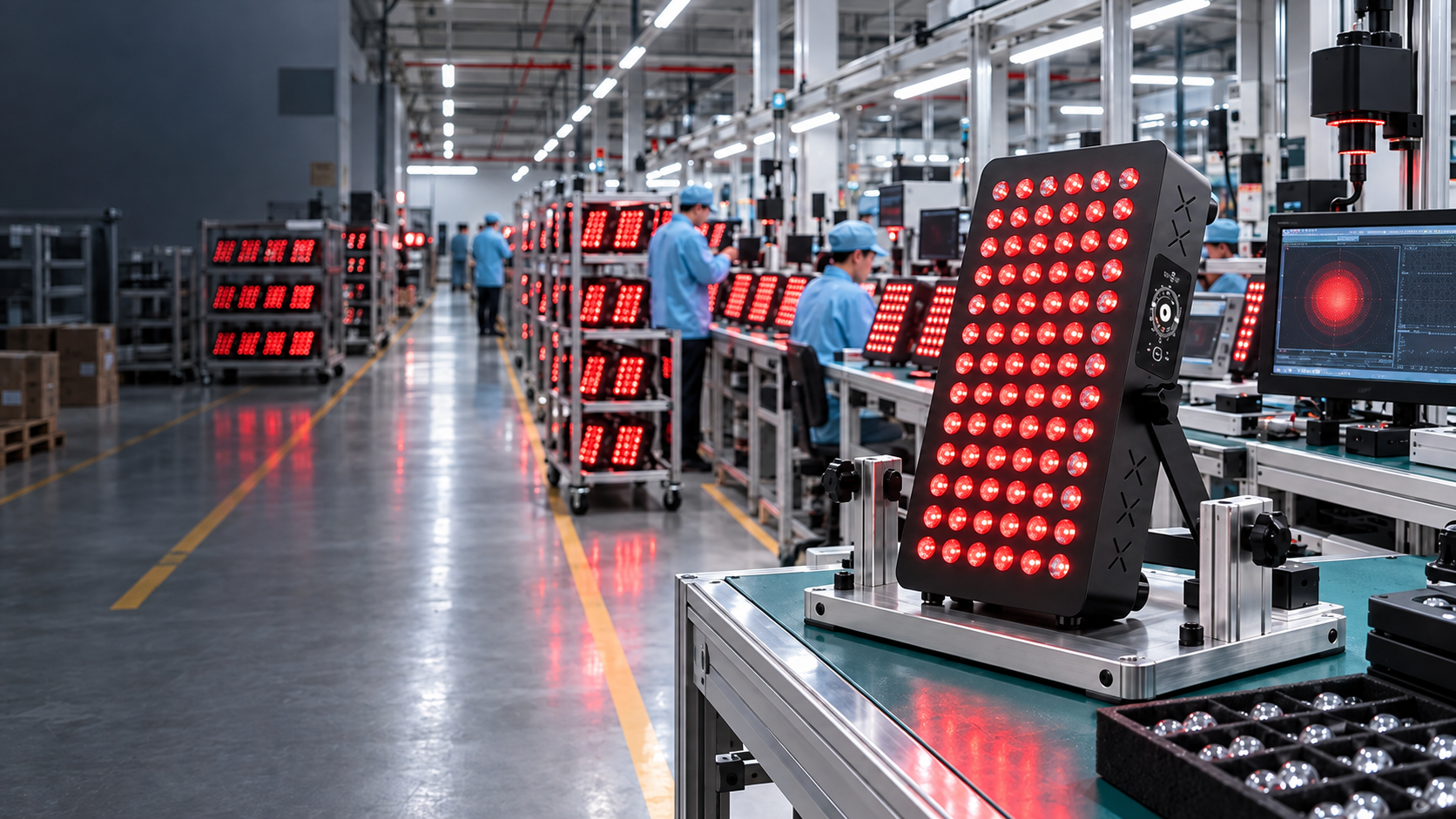 Red light therapy panels being assembled and checked on a production line